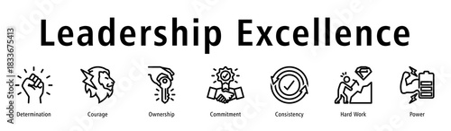 Leadership excellence icon vector concept showing determination, courage, ownership, commitment, and consistent performance in guiding teams and achieving goals.