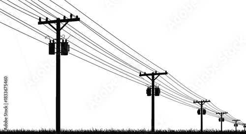 Electric power poles with transformers and utility cables stretching across rural area, silhouette vector of electrical infrastructure and energy distribution