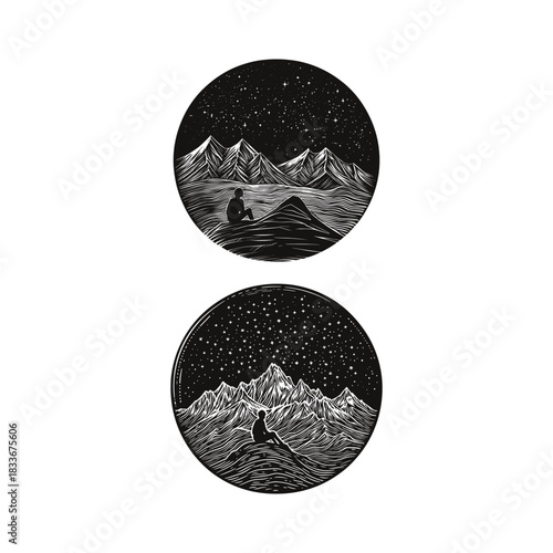 silhouette illustration of a person sitting peacefully on a mountain peak or hilltop, gazing up at a stunning starry night sky