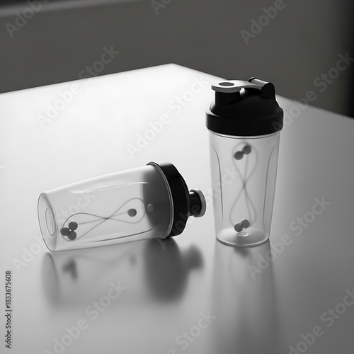 Two clear plastic protein shakers with black lids on a table