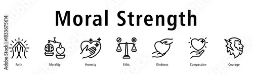 Moral strength icon vector concept highlighting faith, morality, honesty, courage, compassion, and strong ethical character.