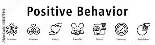 Positive behavior icon vector concept featuring enthusiasm, kindness, happiness, patience, consistency, and supportive actions.