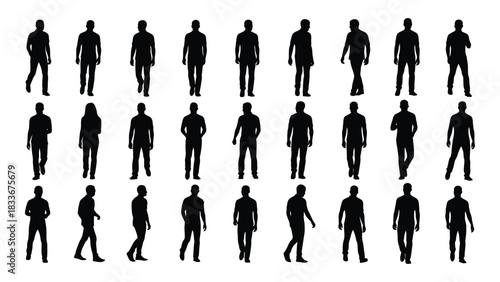 Diverse human silhouettes walking and standing isolated on white background, Vector
