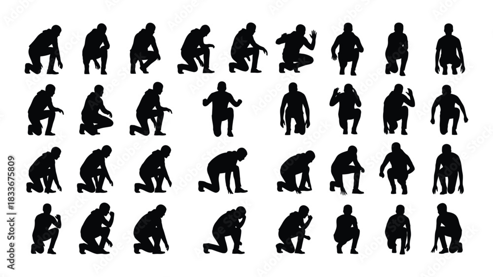 Naklejka premium People squatting and kneeling silhouettes collection isolated on white background, Vector