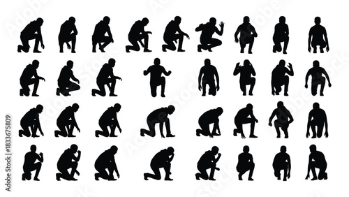 People squatting and kneeling silhouettes collection isolated on white background, Vector