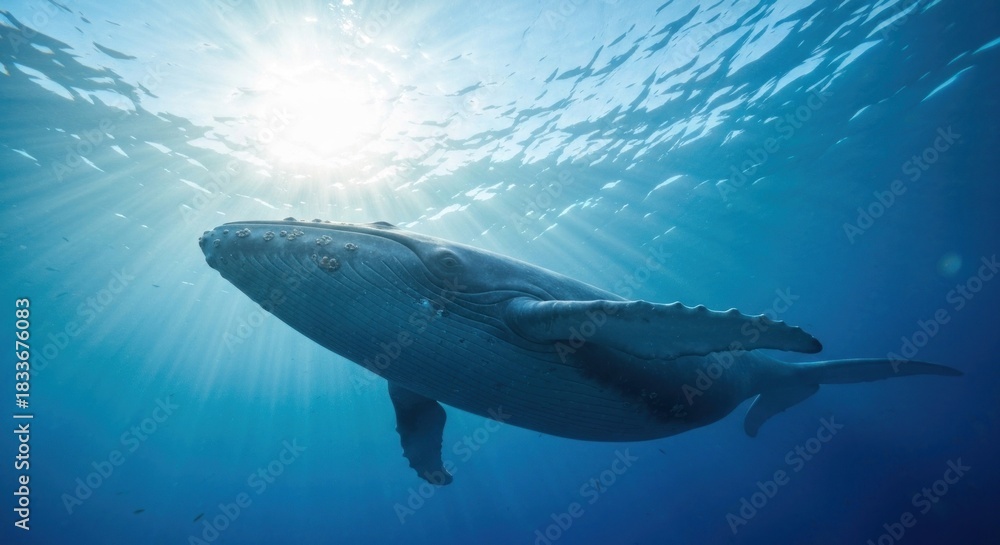 Fototapeta premium Humpback whale swims peacefully under ocean surface with sun shining through