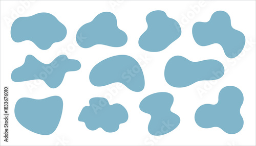 Twelve abstract organic shapes in dusty blue on white background blobs irregular shapes