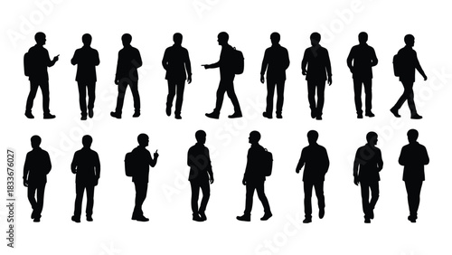 Collection of male silhouettes in various poses isolated on white background, Vector