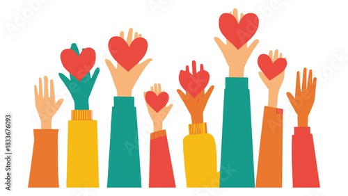 Charity and Volunteering Concept – Raised Hands with Red Hearts and Children Holding Heart Symbols