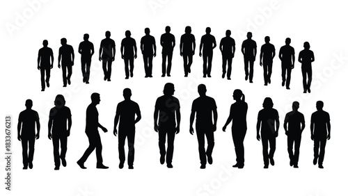 People silhouettes walking and standing isolated on white background, Vector