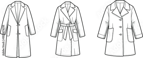 Fashion coat technical sketch, front view coat designs, belted trench illustration, buttoned coat drawing, flat sketch outerwear, fashion apparel coat template