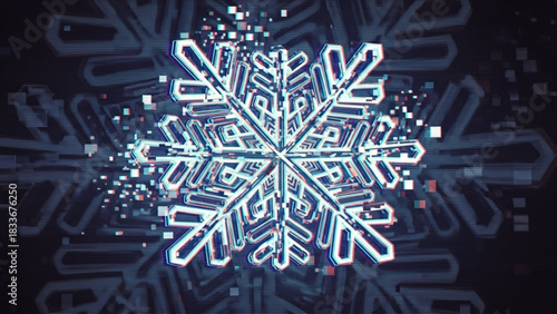 Abstract digital glitch snowflake with fragmented pixels and geometric patterns in a dark blue and white color scheme creating a futuristic winter concept