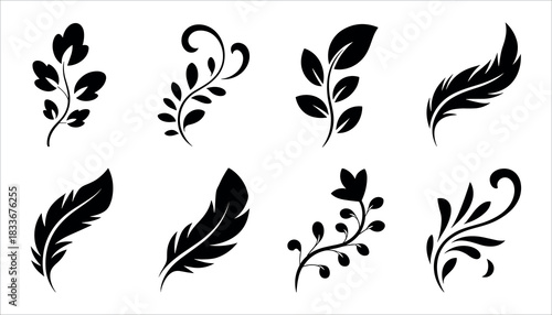 Collection of black silhouette floral and feather decorative elements white