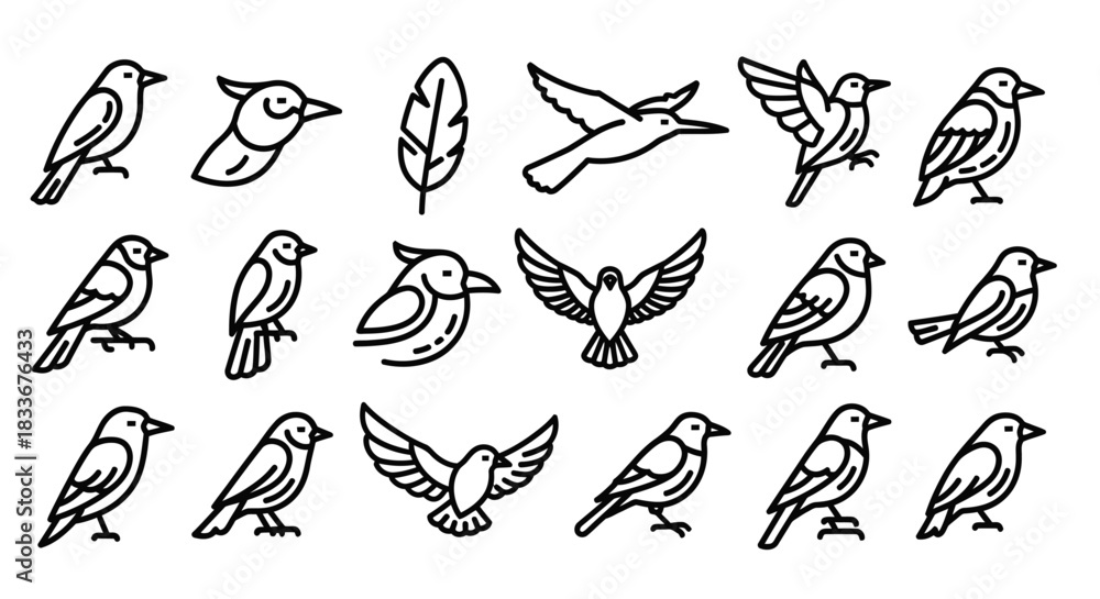 Naklejka premium Collection of Bird Illustrations in Minimalist Line Art Style.