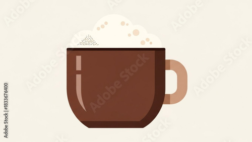 A minimalist illustration of a brown coffee mug filled with frothy milk and a sprinkle of coffee grounds on a light cream background