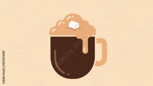 A stylized illustration of a dark brown mug overflowing with foamy creamy hot chocolate topped with a single white marshmallow and a drip of chocolate on a light beige background