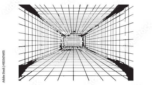 Futuristic 3D Room Projection Grid – Wireframe Perspective Background Vector