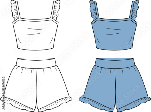 Fashion flat sketch of women’s ruffle strap top and shorts set, stylish summer sleepwear or loungewear template, vector illustration