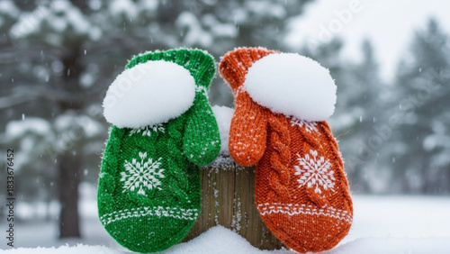 Cozy knitted mittens one green and one orange adorned with snowflakes and capped with fresh snow stand together outdoors on a winter day