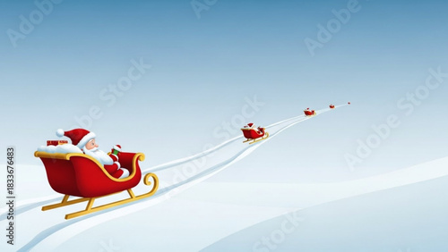 Santa claus in a sleigh with gifts traveling through snowy landscape with other santas in the distance