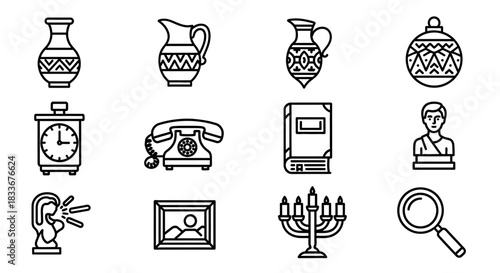 Collection of antique and vintage objects in line art style.