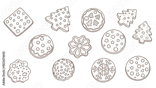 A charming collection of hand drawn outline christmas cookies featuring festive shapes like trees snowflakes and stars perfect for holiday baking and design projects