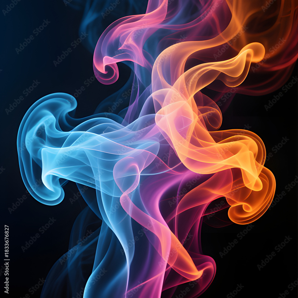Fototapeta premium Abstract colorful smoke plumes over dark background, cinematic style
