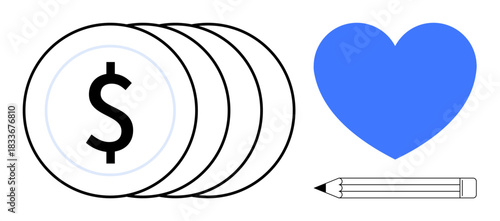 Financial management, creativity, budgeting, love for art, education, goals. Stack of coins, heart shape and pencil. Financial management and creativity in a minimal design