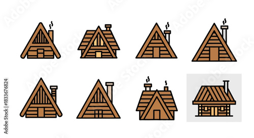 Collection of A-Frame Cabin Illustrations with Chimneys and Wood Textures.