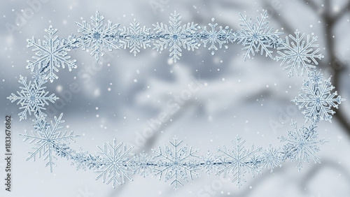 A delicate string of sparkling ice snowflakes forms a decorative border against a soft blurred winter background with falling snow