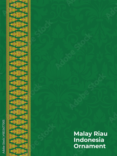 Riau Malay motif in green with a gold side ornament and dark floral background, suitable for book covers, invitations, and banners
