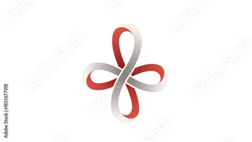 Abstract intertwined ribbon forming a clover shape with red and silver gradient on a white background representing luck and infinity