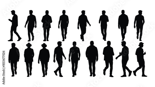 Collection of male silhouettes walking and standing isolated on white background, Vector