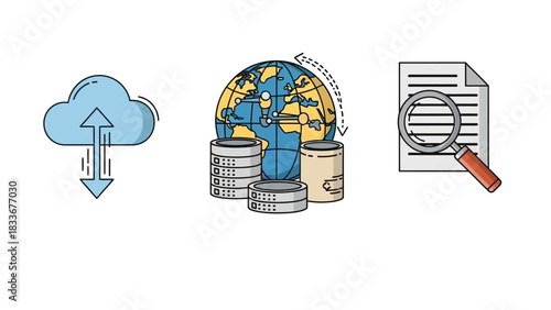Cloud Computing, Global Data Storage, and Information Retrieval Illustration.