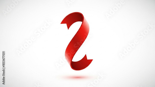 A flowing elegant red ribbon gracefully curves and twists in a dynamic shape against a clean white background casting a subtle shadow below