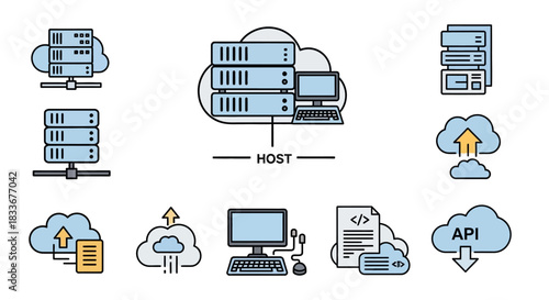 Cloud Computing and Hosting Services Illustration with Servers and APIs.