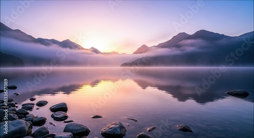 A tranquil landscape featuring a lake reflecting the surrounding mountains and sky, with a misty atmosphere during sunrise.