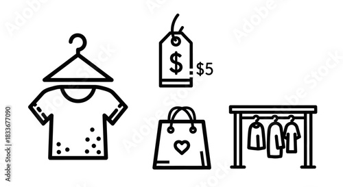 Clothing Sale Icons - T-Shirt, Price Tag, Shopping Bag, and Rack.