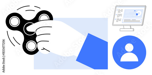 Stress relief, technology focus, workplace dynamics, personal identity, user interfaces, and data visualization. Hand turning a fidget spinner with profile icon and screen. Stress relief