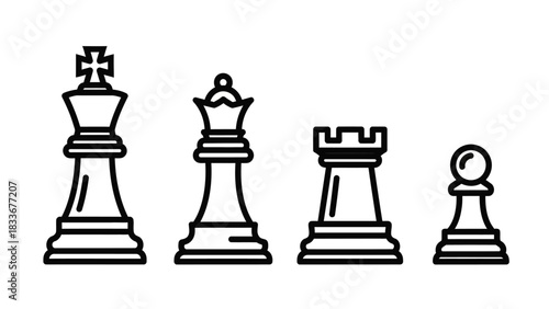 Chess Pieces - King, Queen, Rook, and Pawn in Minimalist Line Art.