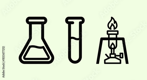 Chemistry Lab Equipment - Flask, Test Tube, and Bunsen Burner Illustration.