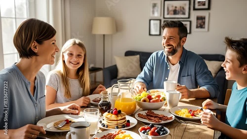 Happy family enjoying a delicious breakfast together with pancakes eggs and fruit