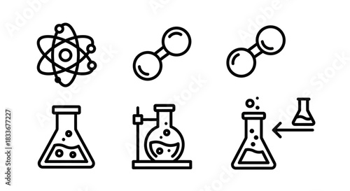 Chemistry Icons - Atom, Molecules, Flasks, and Scientific Equipment.