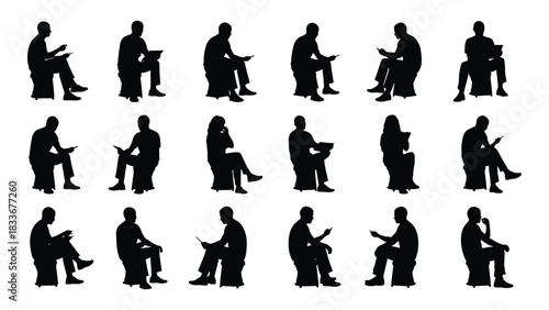 People sitting with devices silhouettes isolated on white background, Vector