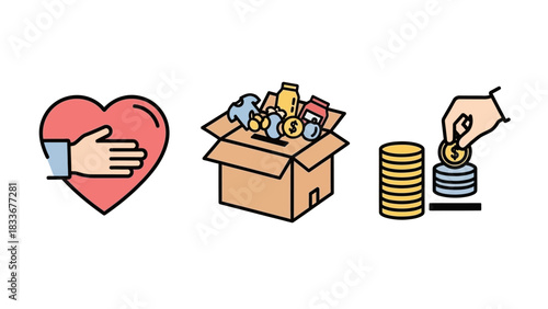 Charity and Donation Icons - Heart, Box, and Coins.