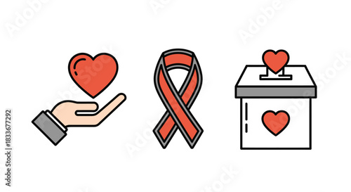 Charitable Giving and Awareness Icons - Heart, Ribbon, and Donation Box.