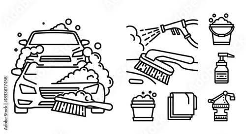 Car Wash Icons - Vehicle Cleaning and Maintenance Line Art.
