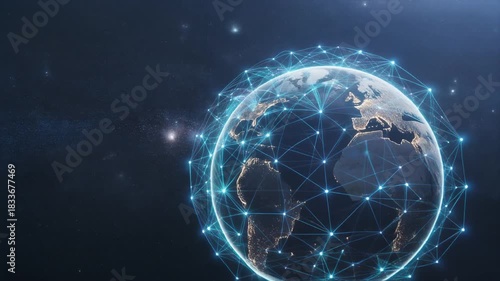 Wallpaper Mural A vibrant blue network grid encompassing planet Earth, representing the intricate web of global communication, digital data flow, and advanced technological connectivity for a connected future Torontodigital.ca