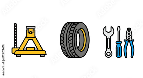Car Repair Tools and Tire Illustration for Automotive Maintenance.