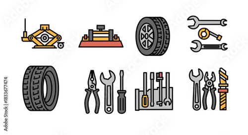 Car Repair Tools and Equipment Illustration Set for Automotive Maintenance.